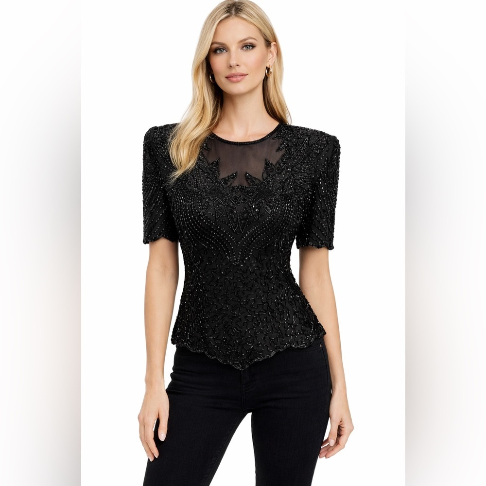 Women’s LAWRENCE KAZAR Large Top Short Sleeve Black Sequined Beads Stunning